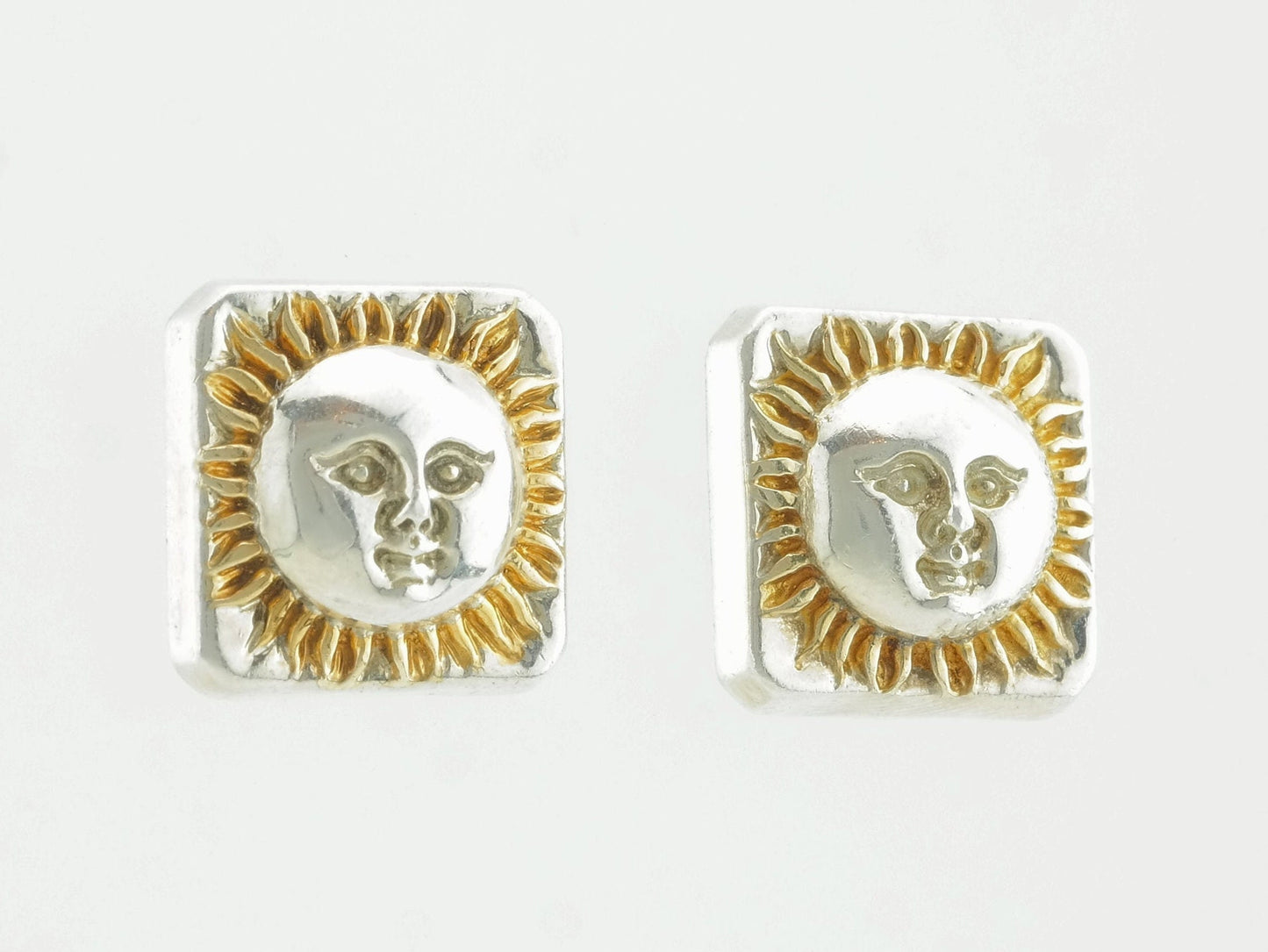 Sergio Bustamante Sterling Silver Gold Sun Square Stud Earrings