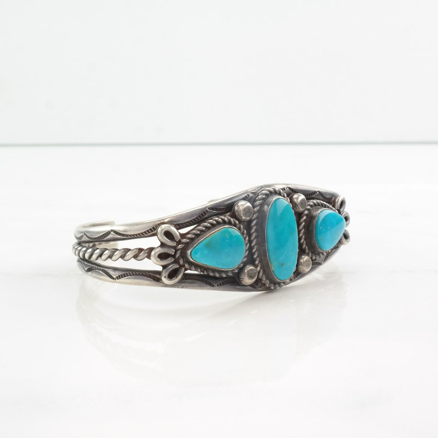 Native American Sterling Silver Cuff Bracelet Blue Turquoise Three Stone