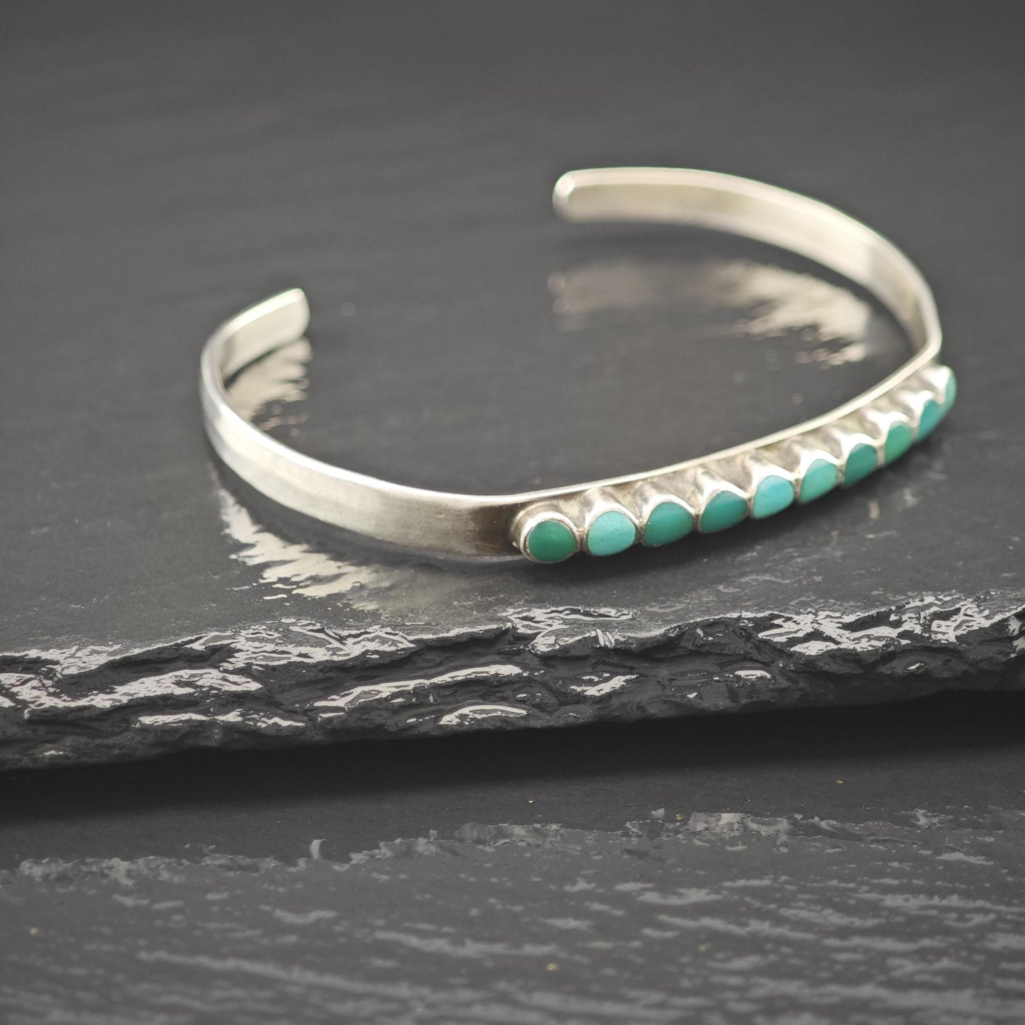 Native American Green Turquoise Inlay Cluster Cuff Bracelet Sterling Silver