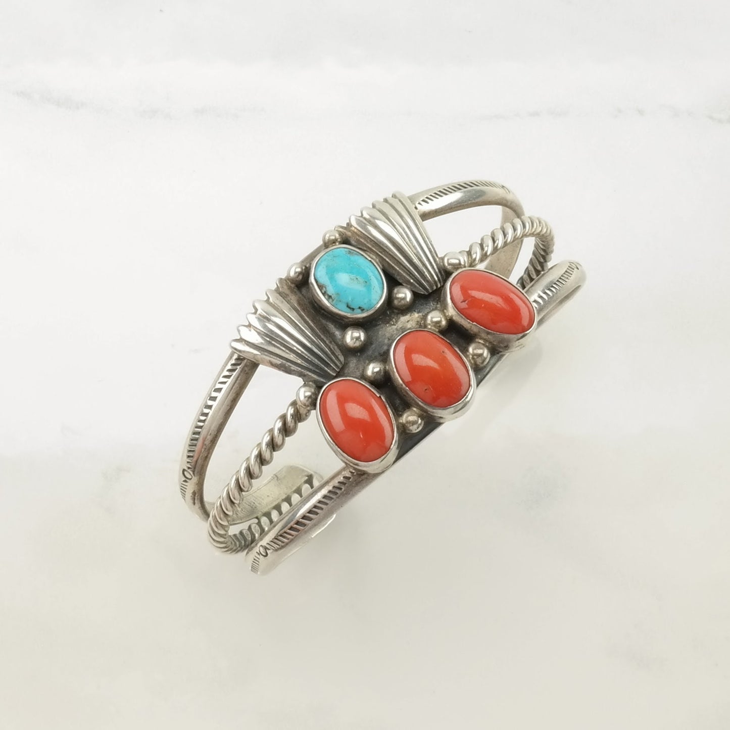 Native American Sterling Silver Cuff Bracelet Red, Blue Coral, Turquoise