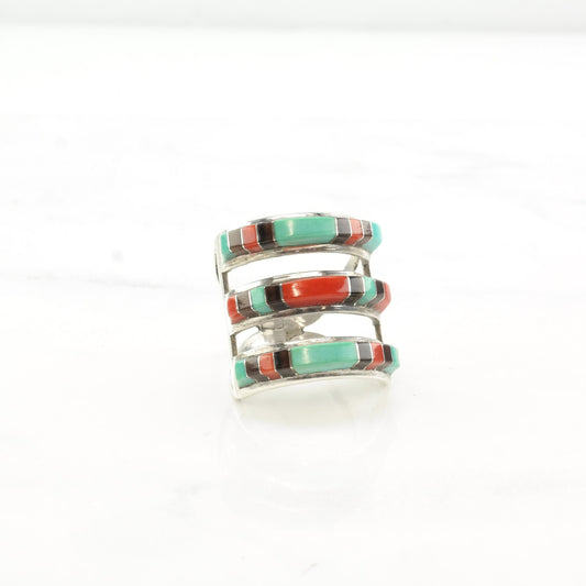 Native American Silver Ring Turquoise Coral Onyx Triple Stack Inlay Sterling Size 7 3/4