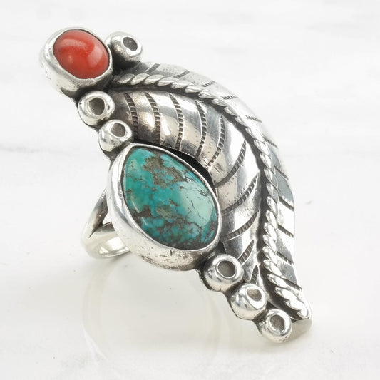 Vintage Native American Ring Turquoise, Coral Feather Sterling Silver Size 7 3/4