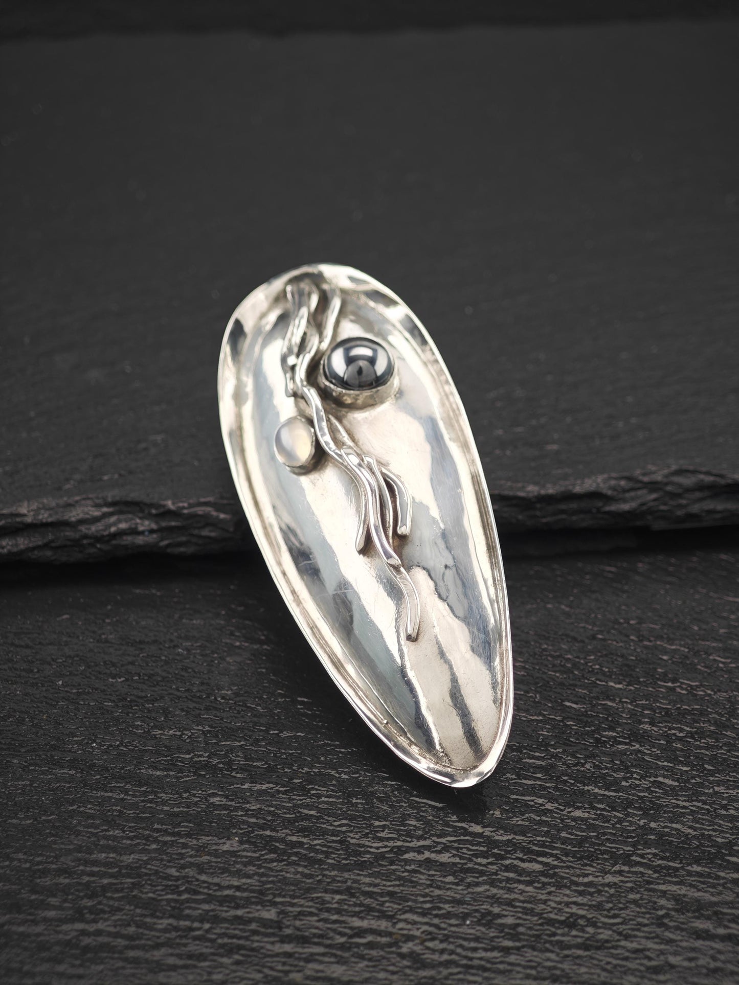 Margaret Ellis Hallow Hematite, Moonstone Brooch/Pendant Sterling Silver