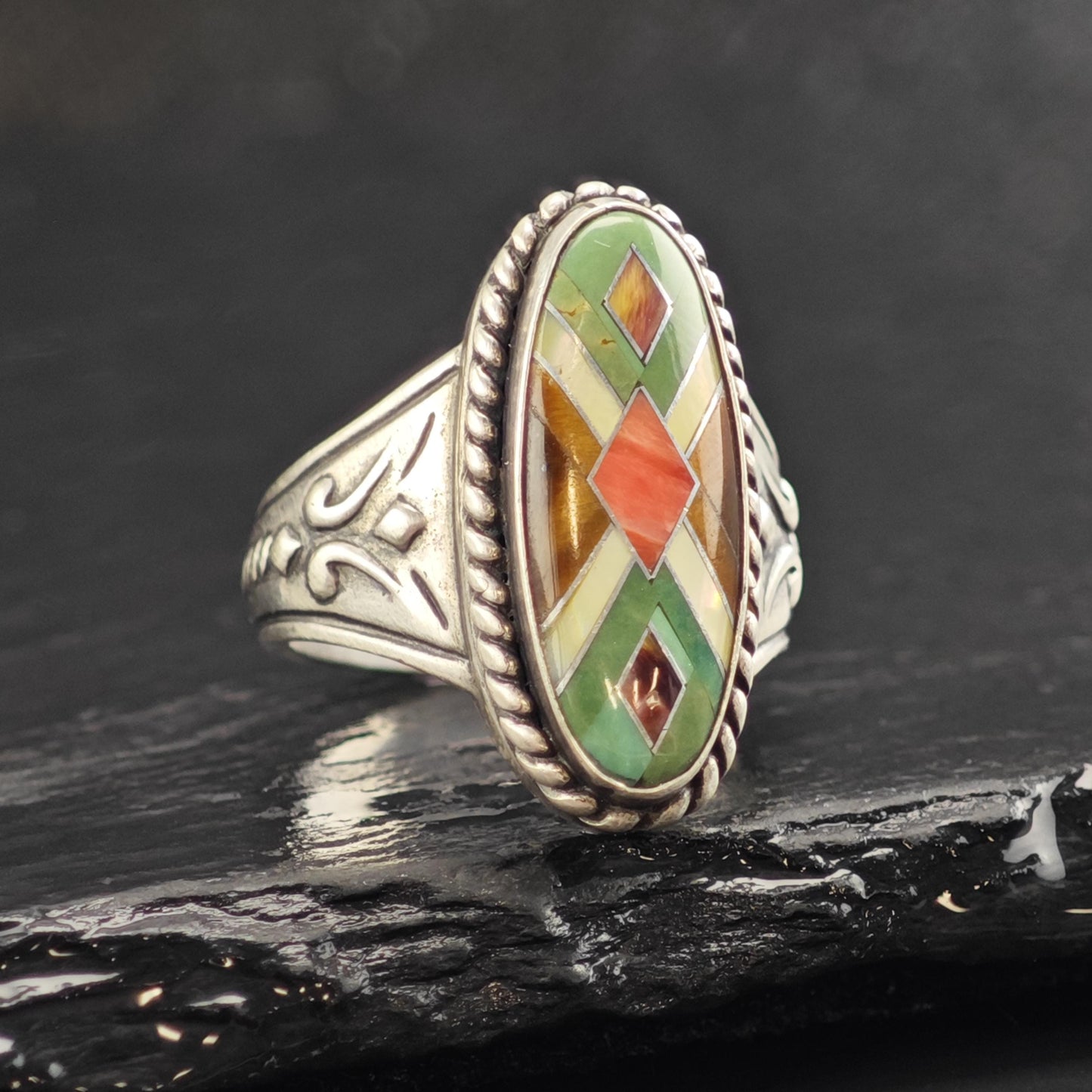 Relios Multistone Inlay Sterling Silver Ring Sz 7 1/4 R6560