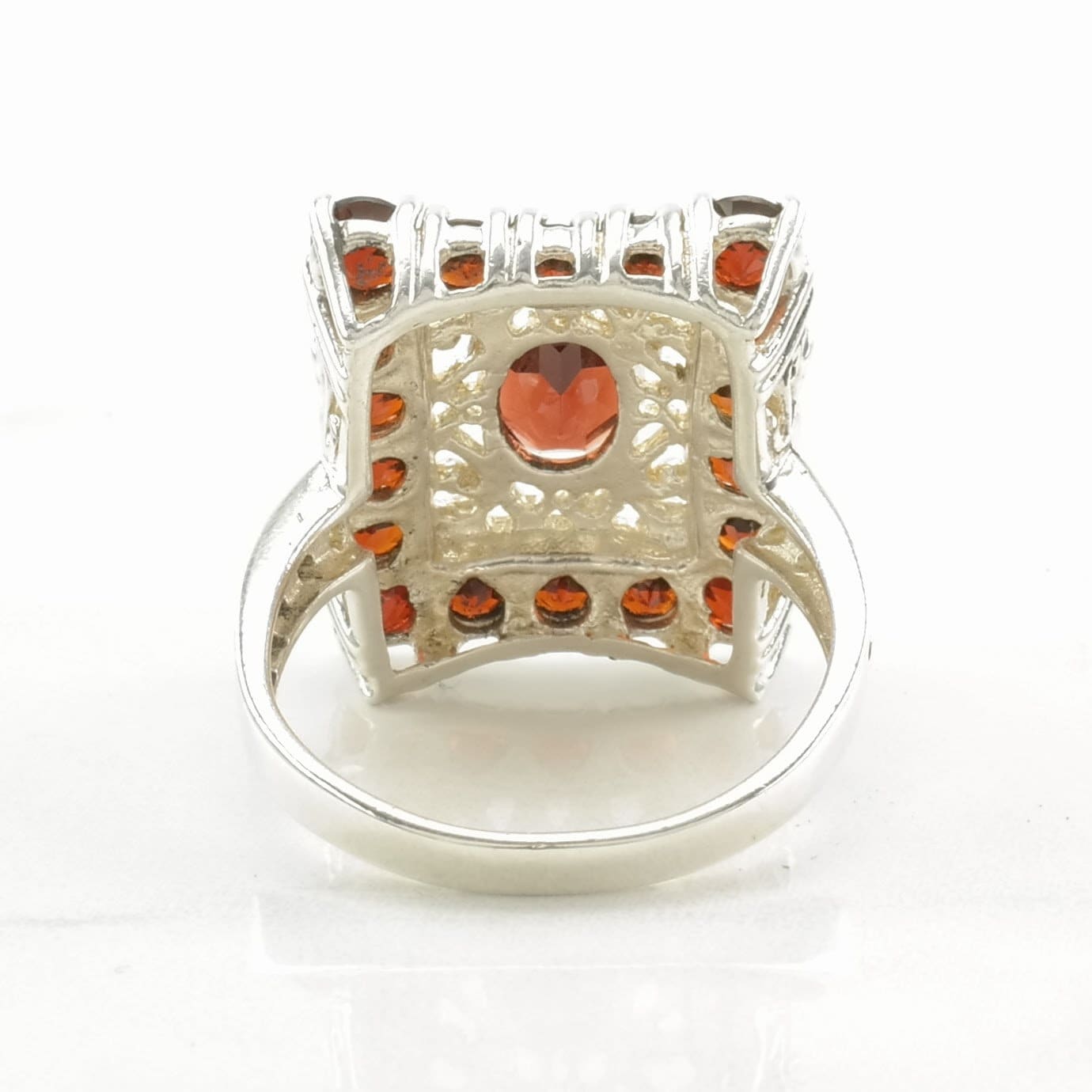 Art Deco Style Sterling Silver Ring, Garnet Filigree Red Size 9