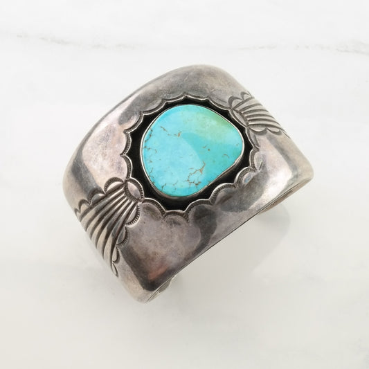 Native American, Begay Sterling Silver Cuff Bracelet Blue Turquoise Stamped