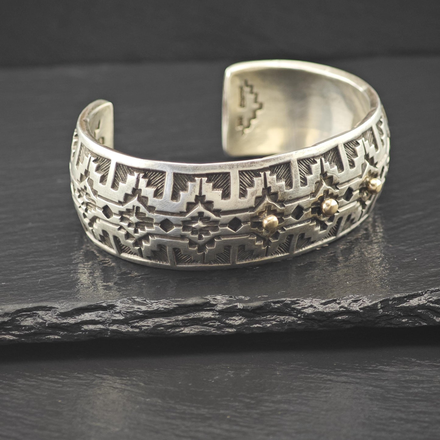 Silver Cuff Bracelet with 14k Gold Accents by Navajo, Native American Silversmith Sterling