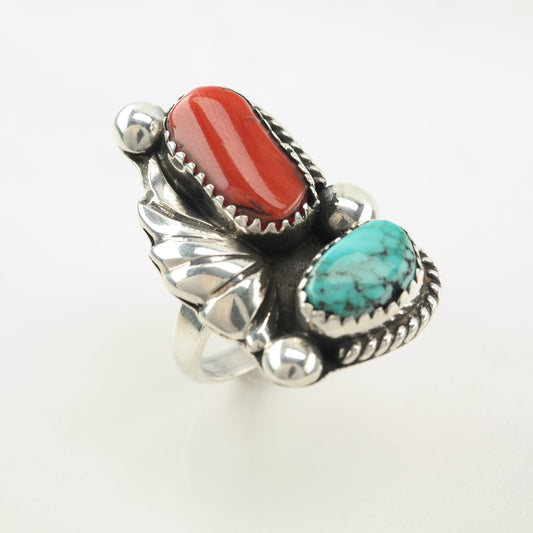 Native Silver Ring Turquoise, Coral Feather Sterling Blue, Red Sz3 3/4 R5545