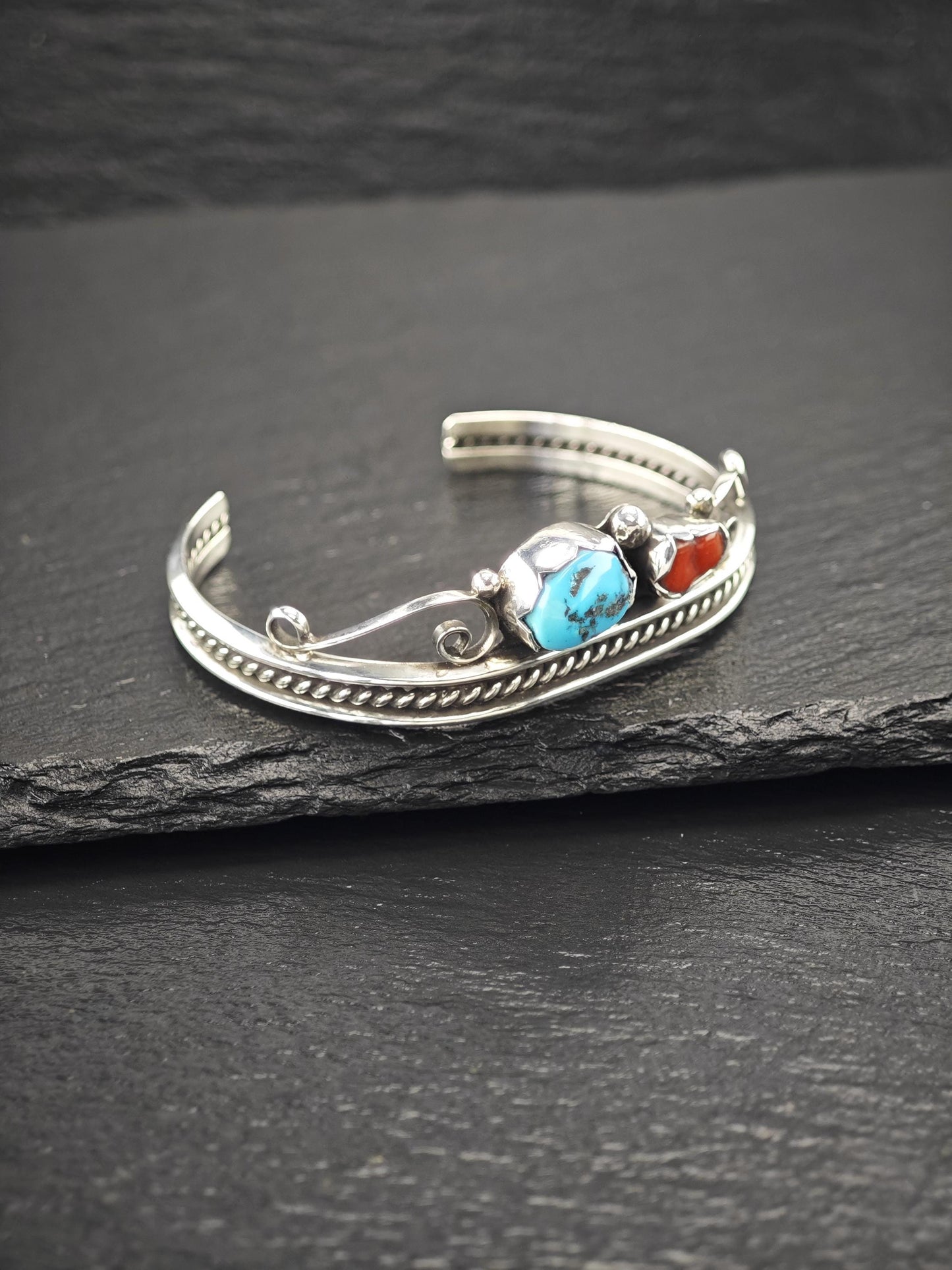 Navajo, Native American Turquoise, Coral Cuff Bracelet Sterling Silver