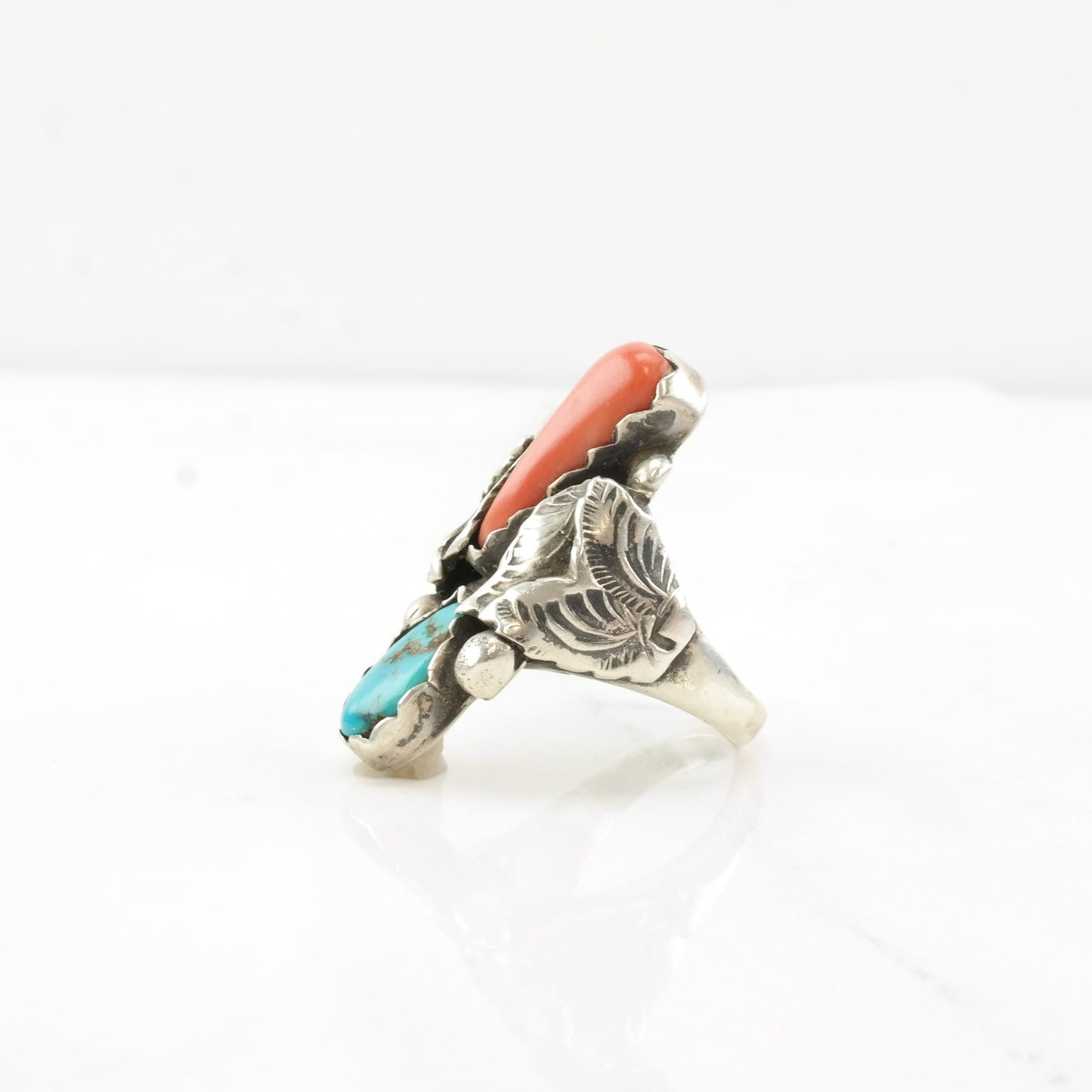 Zuni Sterling Silver Turquoise Coral Ring Native American