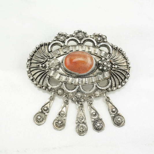 Saban Orange Agate Brooch Filigree, Dangle Sterling Silver