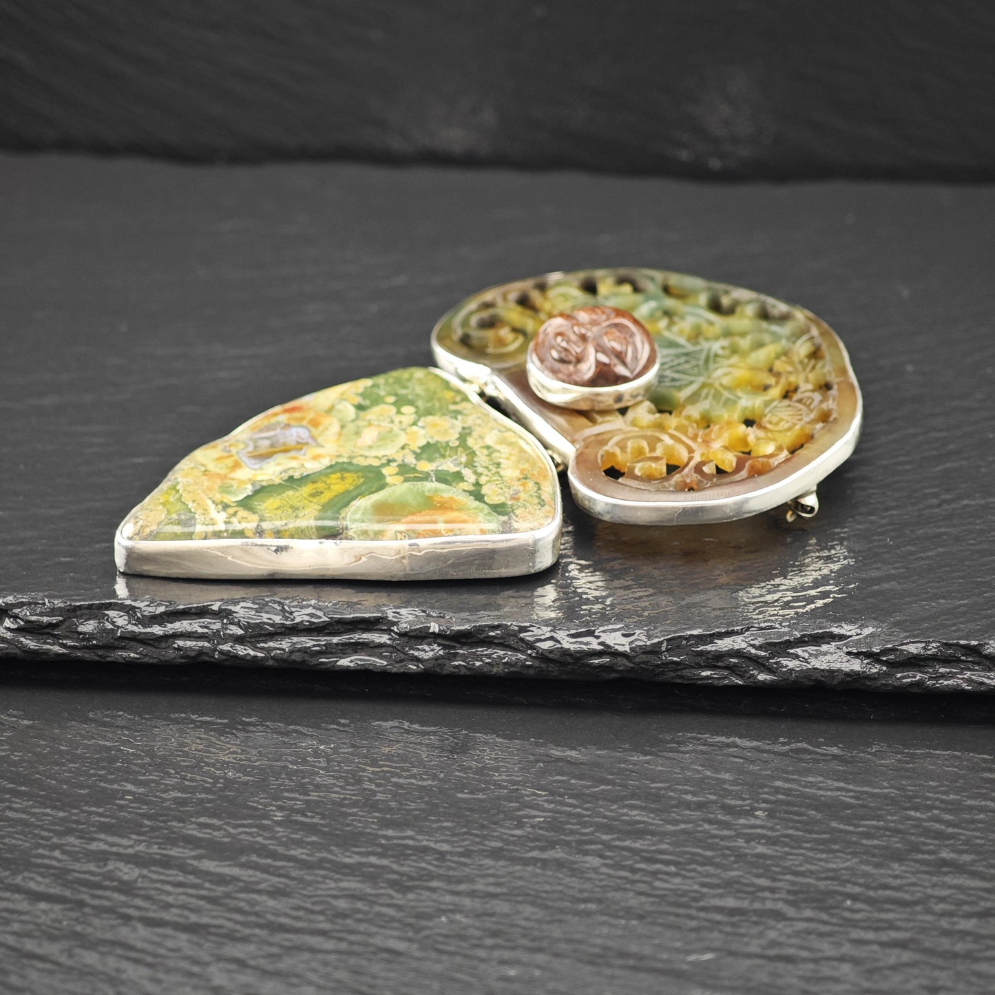 AKR Sterling Silver Brooch Pendant Carved Multi-color Averturine Jasper B2145