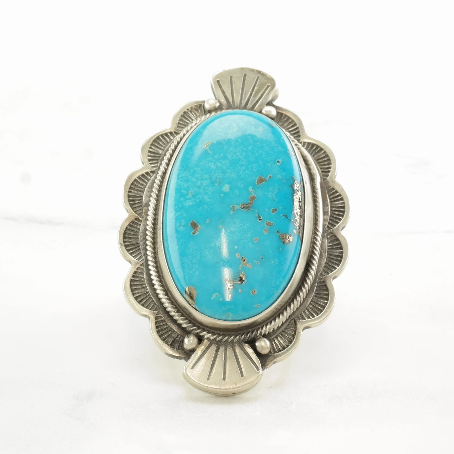 Native American Silver Ring Huge Turquoise Scallop Edge Sterling Size 6