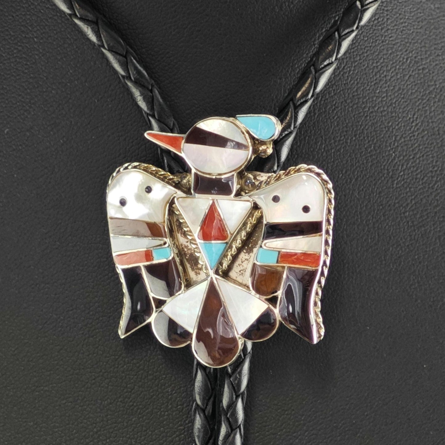 Vintage Native American Sterling Silver, Inlay Thunderbird Bolo Tie Necklace N2743