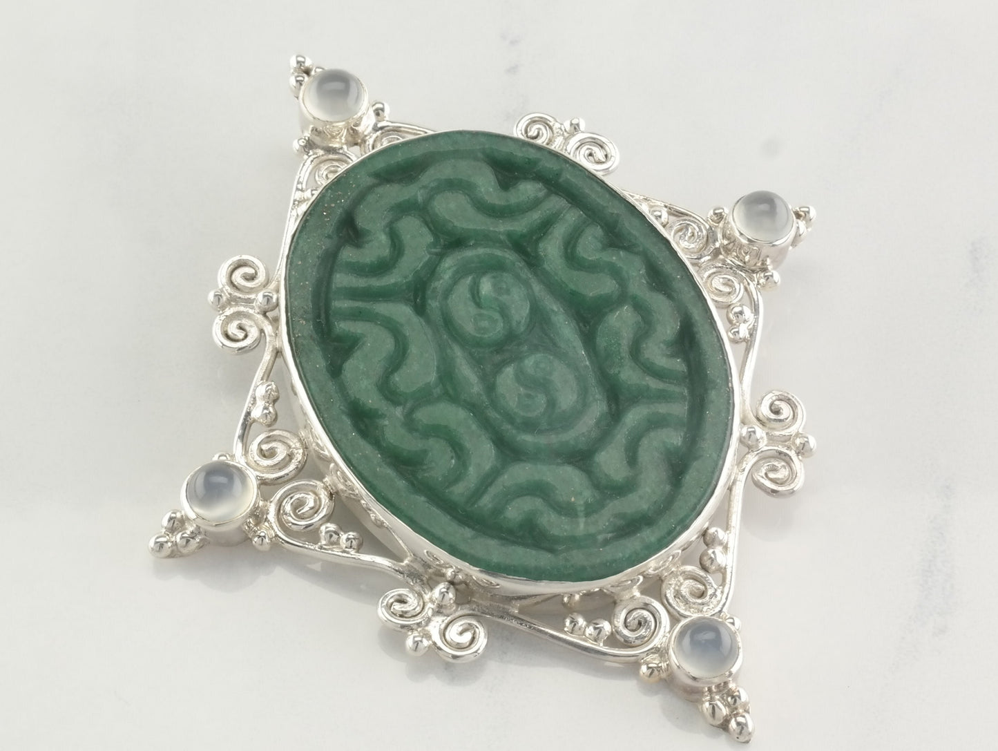 Vintage Sajen Carved Jade Pendant, Brooch Sterling Silver Green