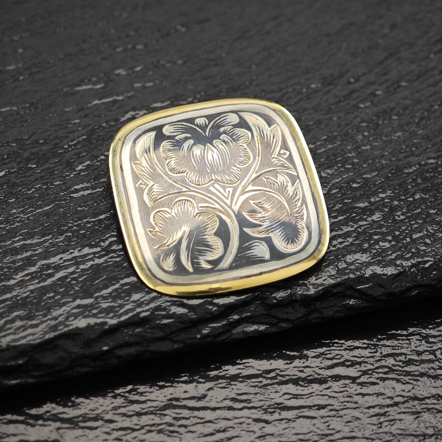 Vintage Soviet Gold Gilded, Niello Sterling Silver Brooch