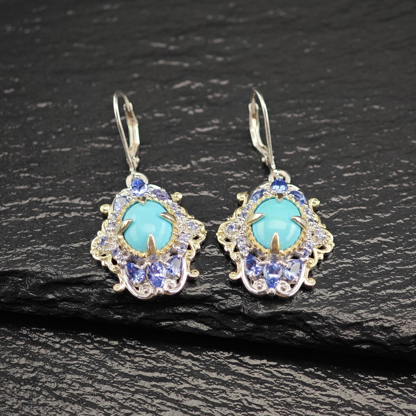 Turquoise Tanzanite Lever Back Earrings in Sterling Silver - Multi-Color Design