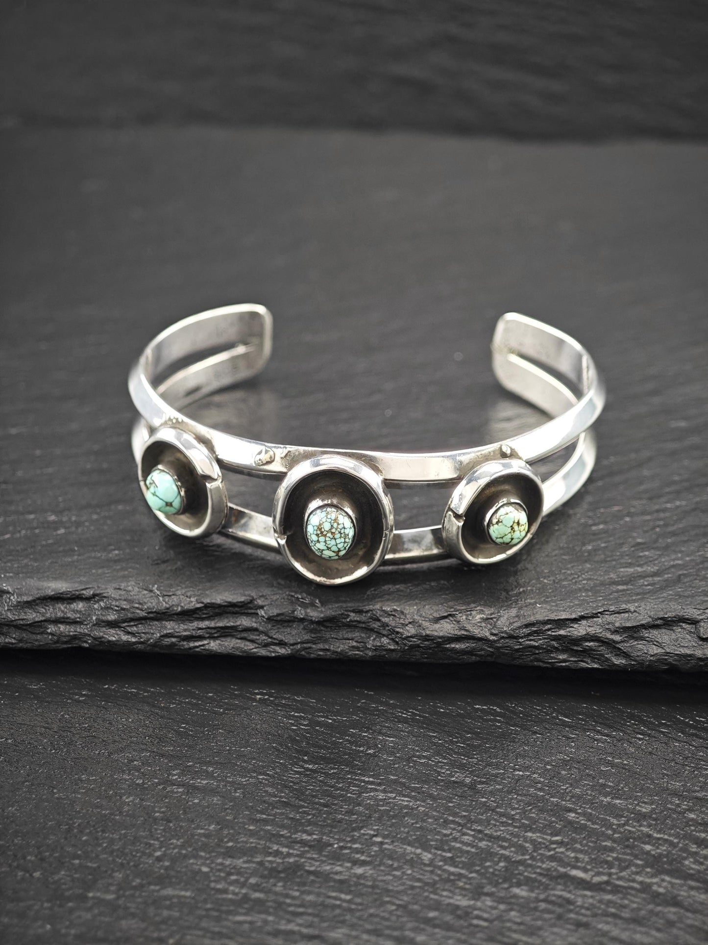Native American Number Eight Turquoise, Shadow Box Cuff Bracelet Sterling Silver