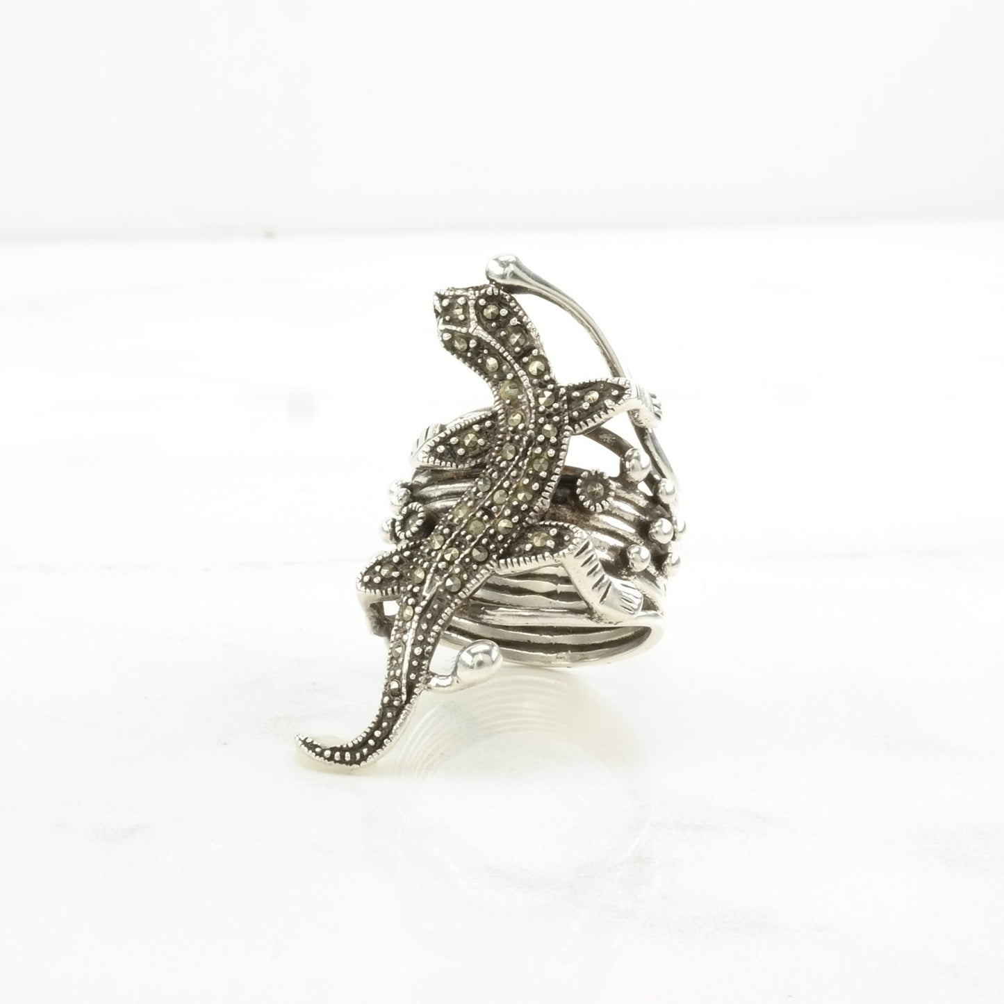 Sterling Silver Lizard Ring Marcasite , Animal Size 7 3/4