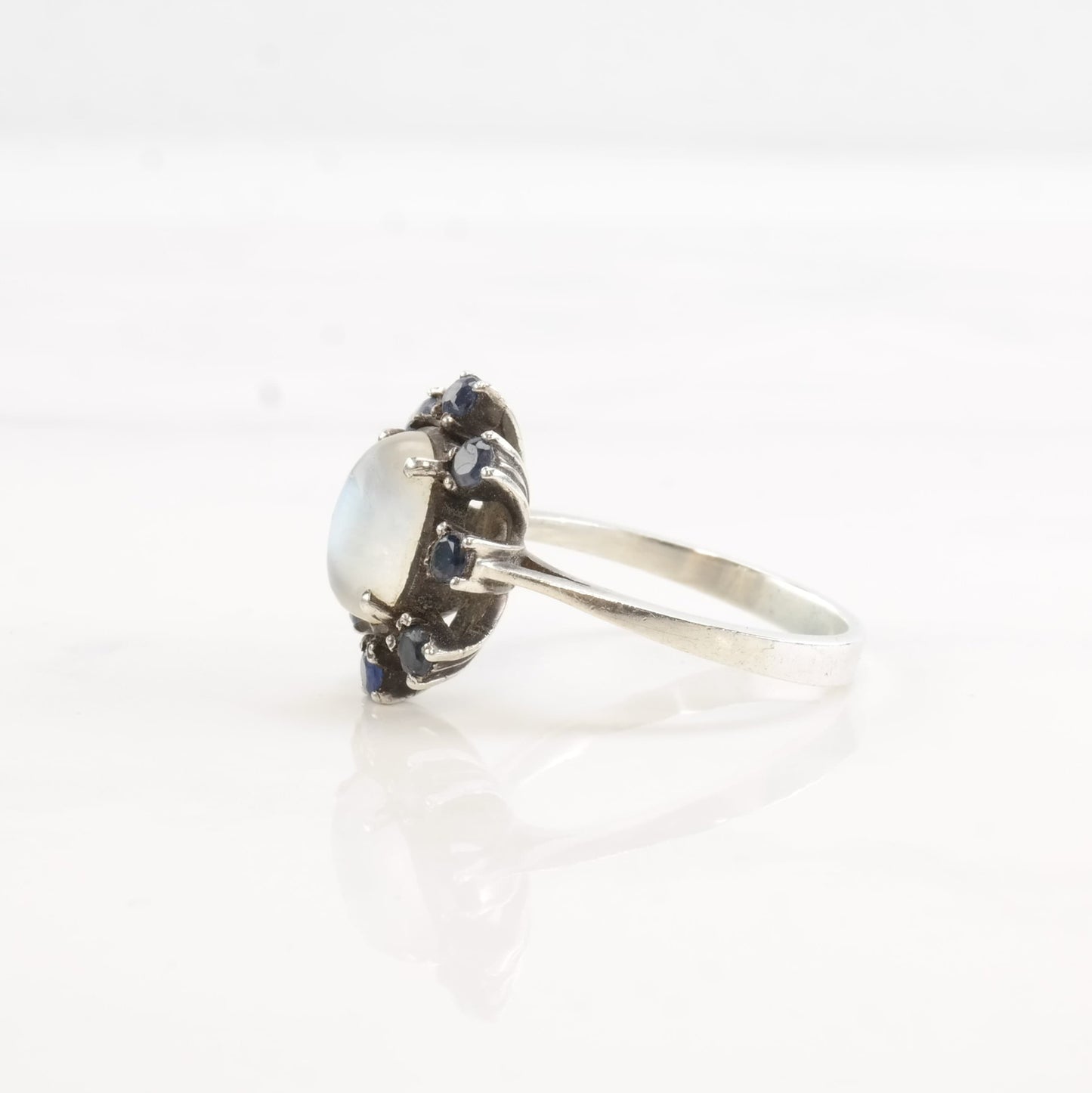 Mid Century Silver Ring Moonstone Sapphire Flower Sterling Size 7 1/4