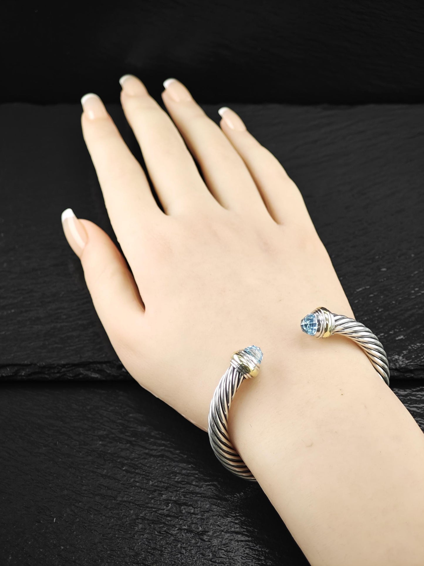 David Yurman 7mm 14K Gold Accents, Topaz Cuff Bracelet Sterling Silver