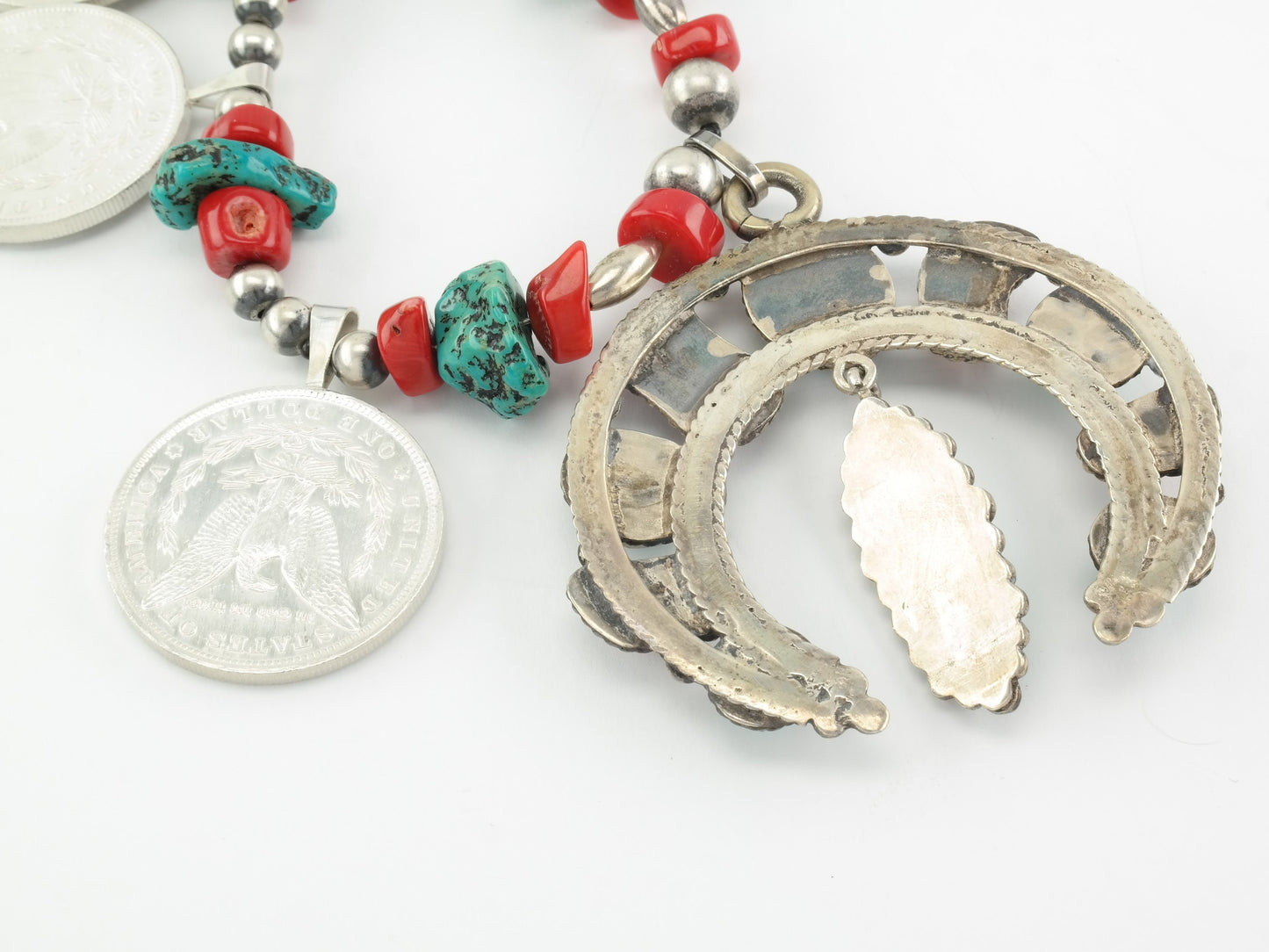 Iron Wolf Thompson Sterling Silver Turquoise, Coral, Morgan Dollars Squash Blossom Necklace