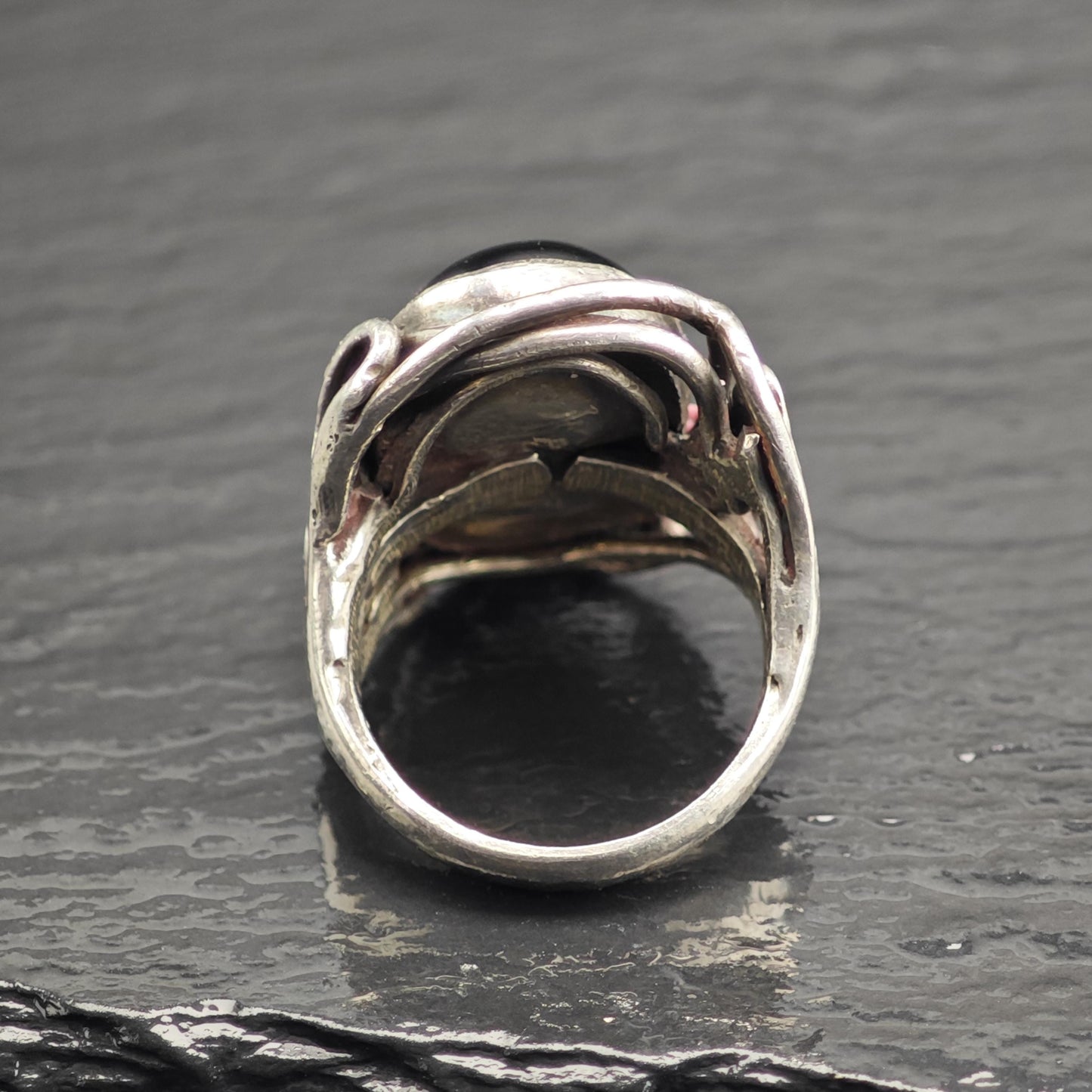 Black Cats Eye Quartz Modernist Sterling Silver Ring Sz 8 R6637