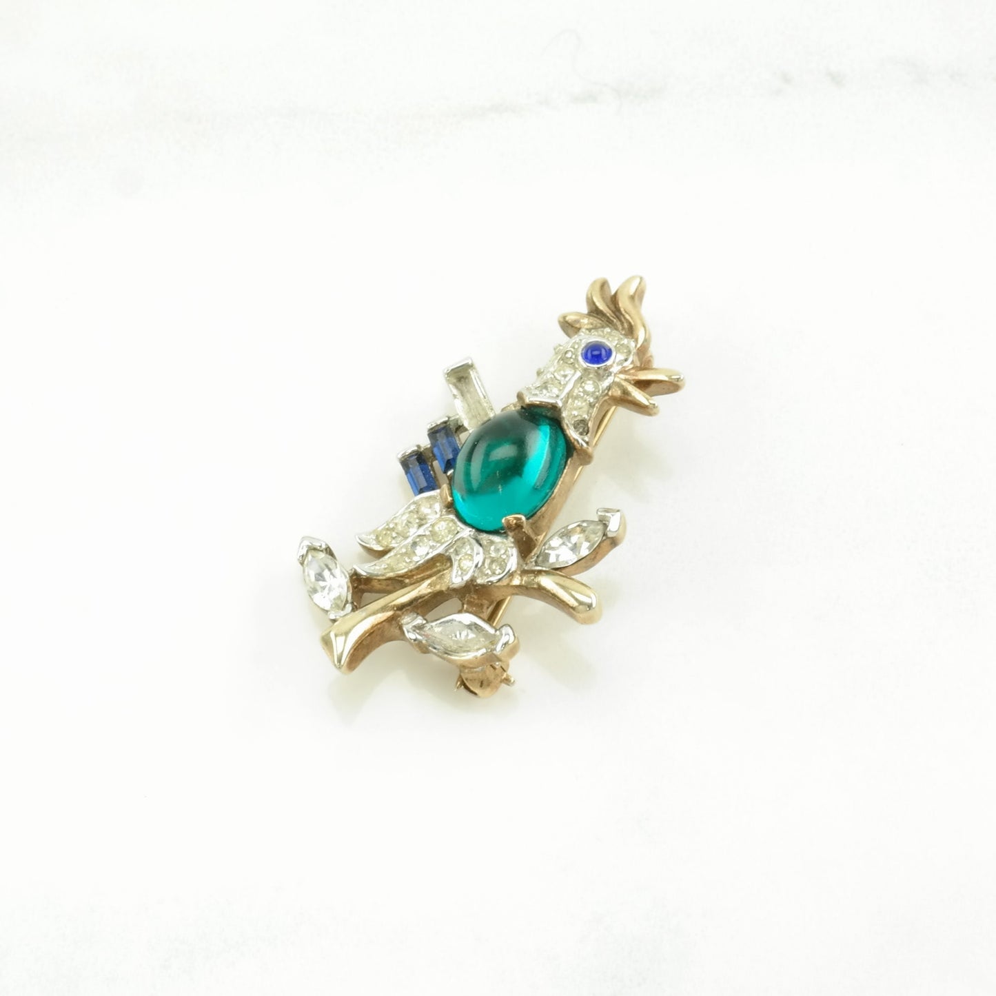 Crown Trifari, Missing Stones Sterling Silver Brooch Rooster Green Jelly Belly