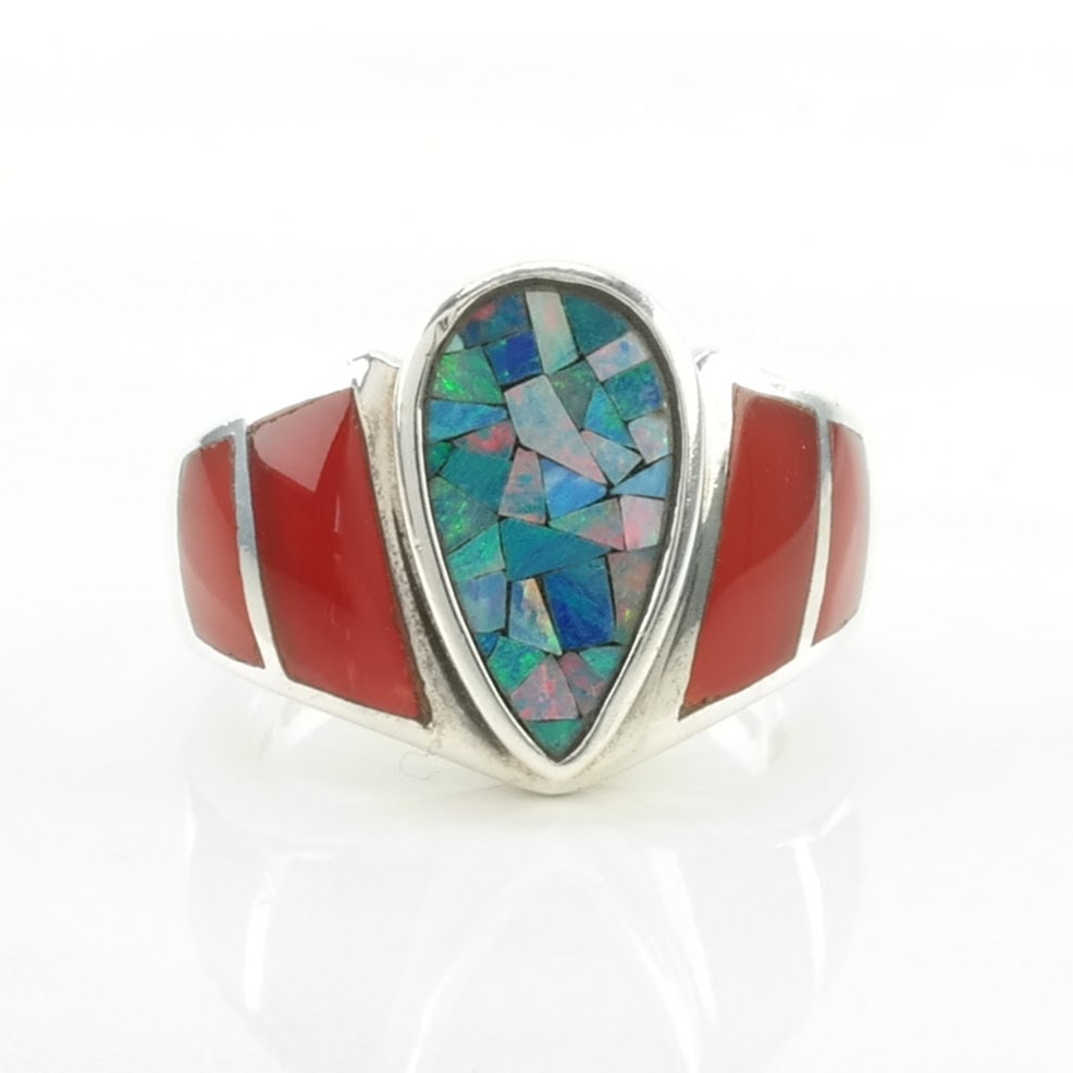 Sterling Silver Ring Opal Mosaic Inlay Size 7 1/4