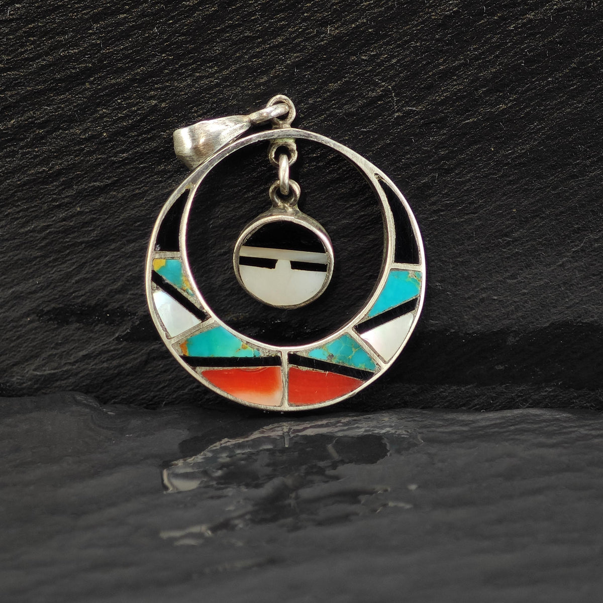 Native American Sunface Multistone Inlay Sterling Silver Pendant P3163