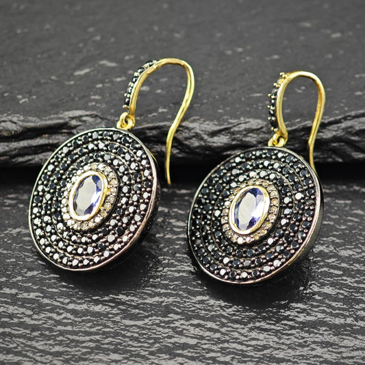 MLD Black, blue, Gold Tanzanite, Diamond, Spinel Pave Sterling Silver Dangle Earrings
