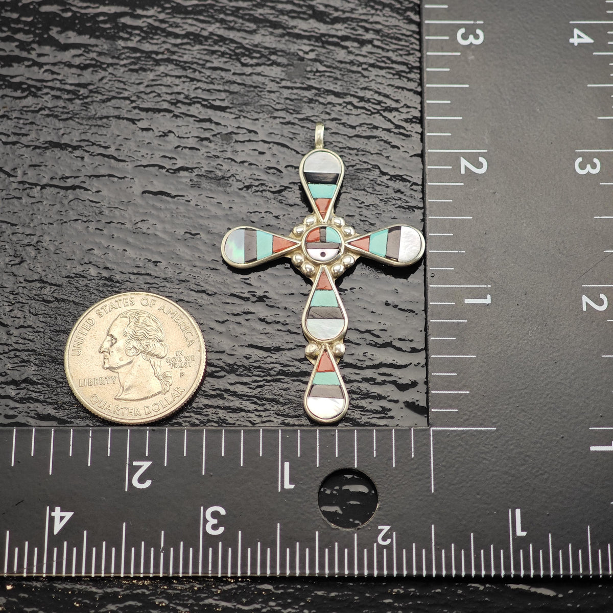 Zuni Sunface Multistone Inlay Cross Sterling Silver Pendant P3139