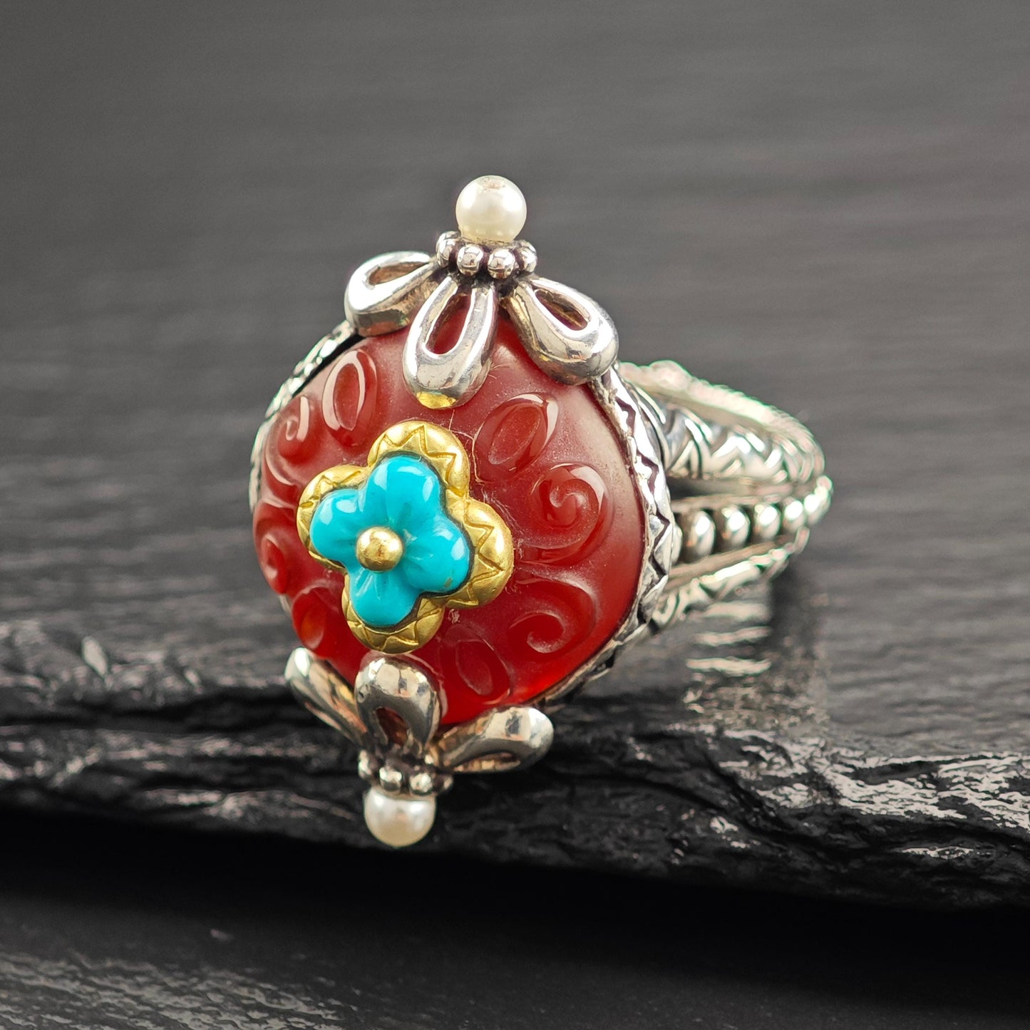 Bixby Turquoise Carnelian Ring 18K Gold Accents, Sterling Silver R5824