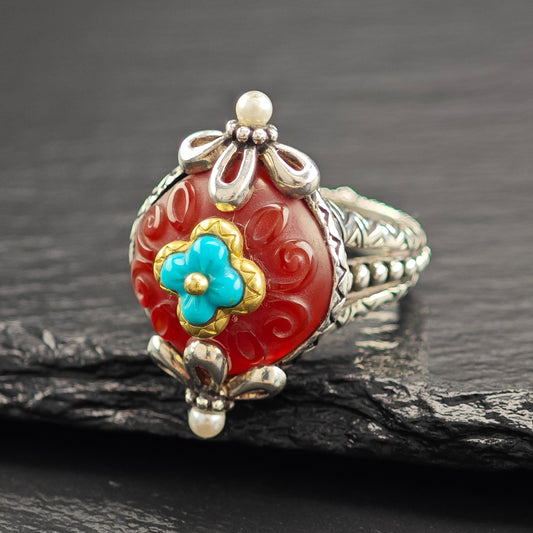 Bixby Turquoise Carnelian Ring 18K Gold Accents, Sterling Silver R5824