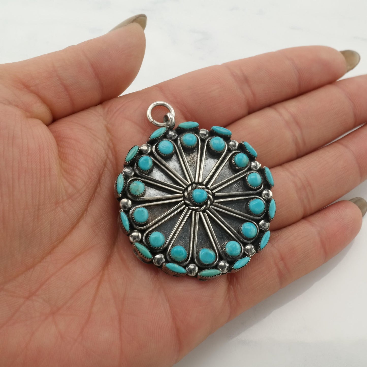 Vintage Zuni Turquoise Cluster Pendant Native American Floral Sterling Silver