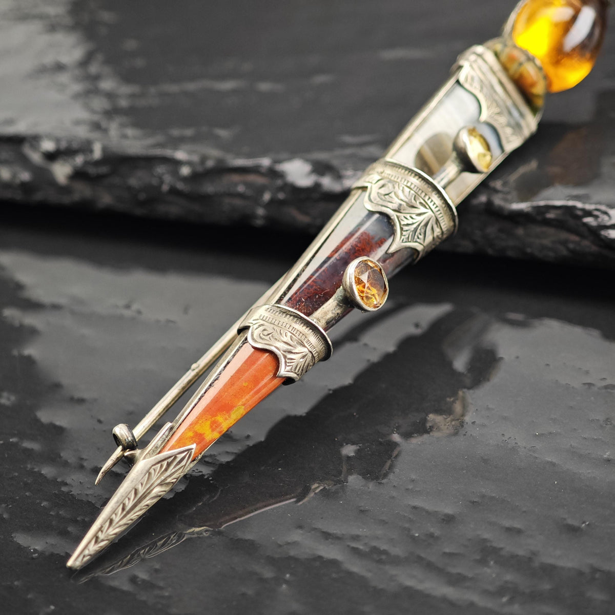 Scottish Agate, Citrine Spire Dirk Kilt Brooch Sterling Silver B2248