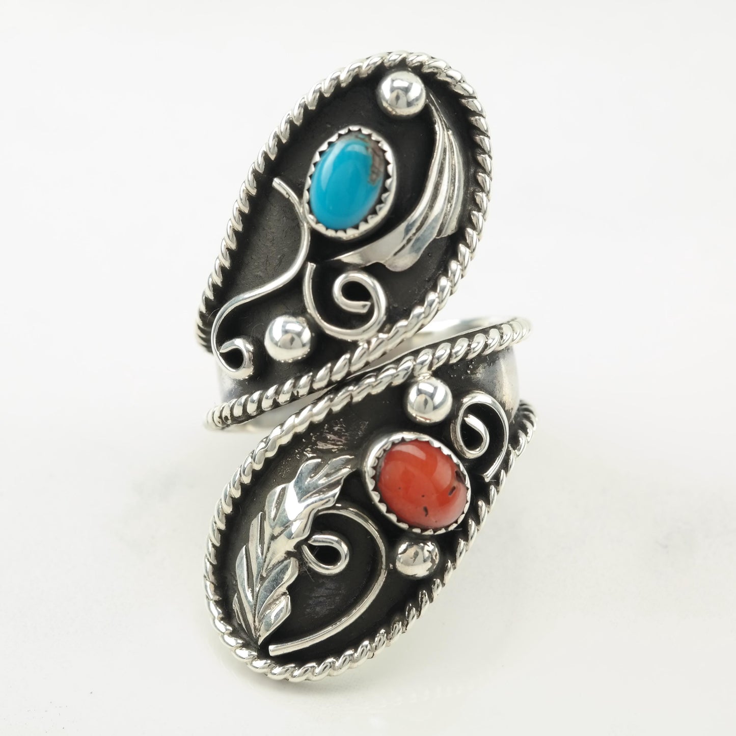 Native American Silver Ring Turquoise, Coral Feather, Large, Bypass Sterling Blue, Red Size 8 1/2