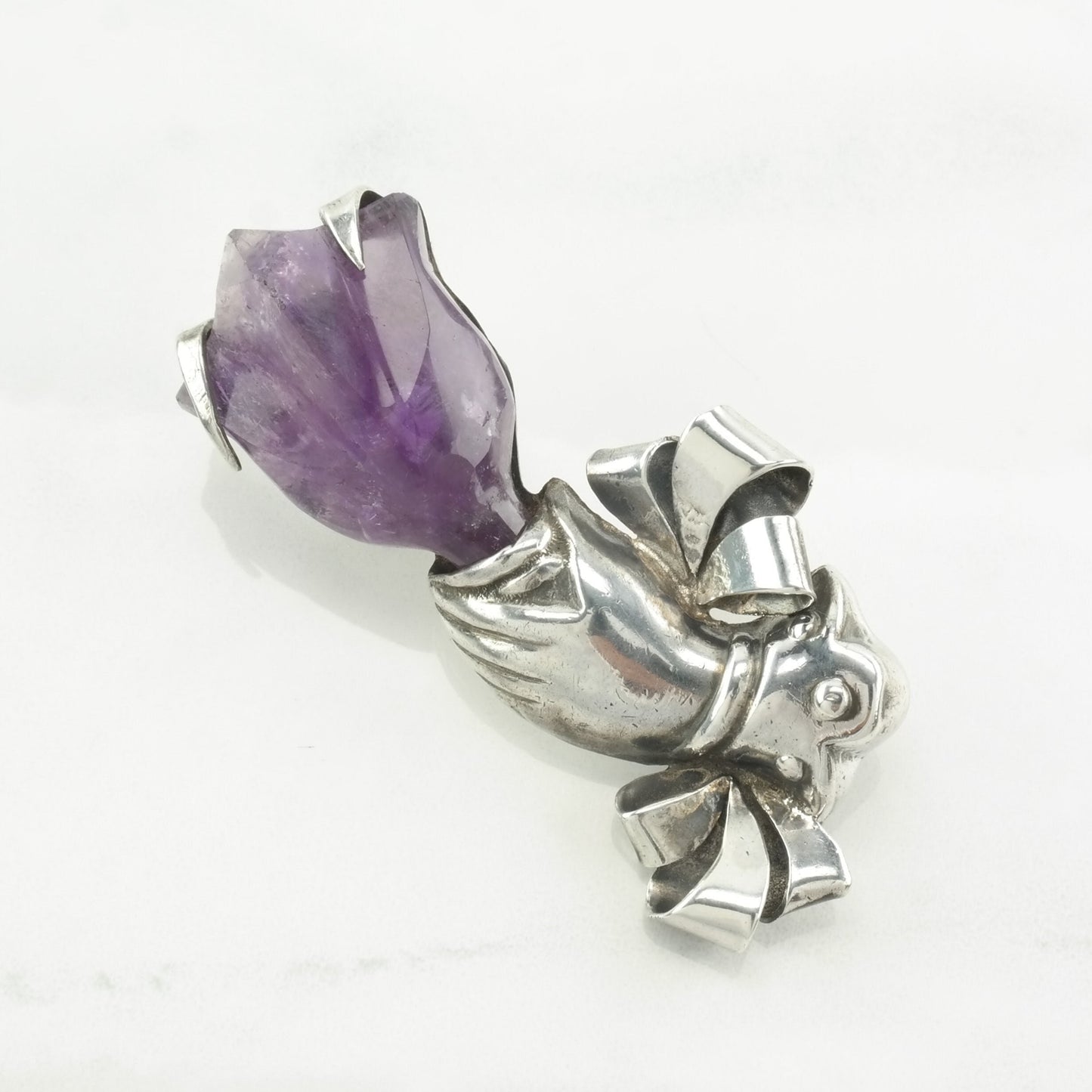 Taxco Sterling Silver Brooch Flower, Bouquet Amethyst