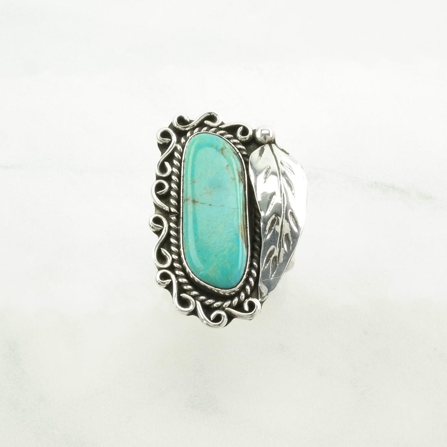 Native American Silver Ring Turquoise Leaf Sterling Blue Size 7