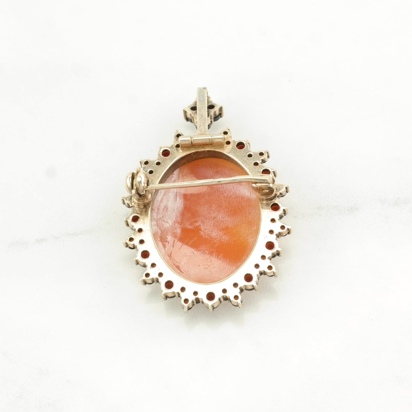 Vintage Red, Orange Silver Brooch Pendant Bohemian Garnet, Gold Gilded Cameo Sterling