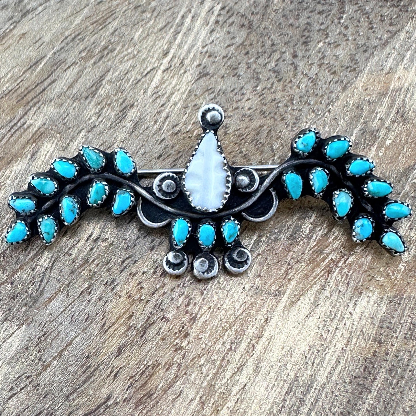 Native American Wings Blue, White Turquoise, Carved MOP Sterling Silver Brooch