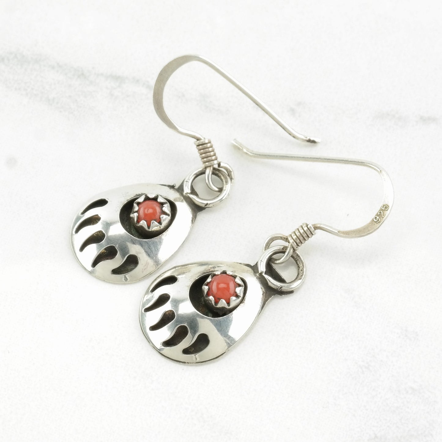 Native American Sterling Silver Coral Bear Paw Earrings Fish hook