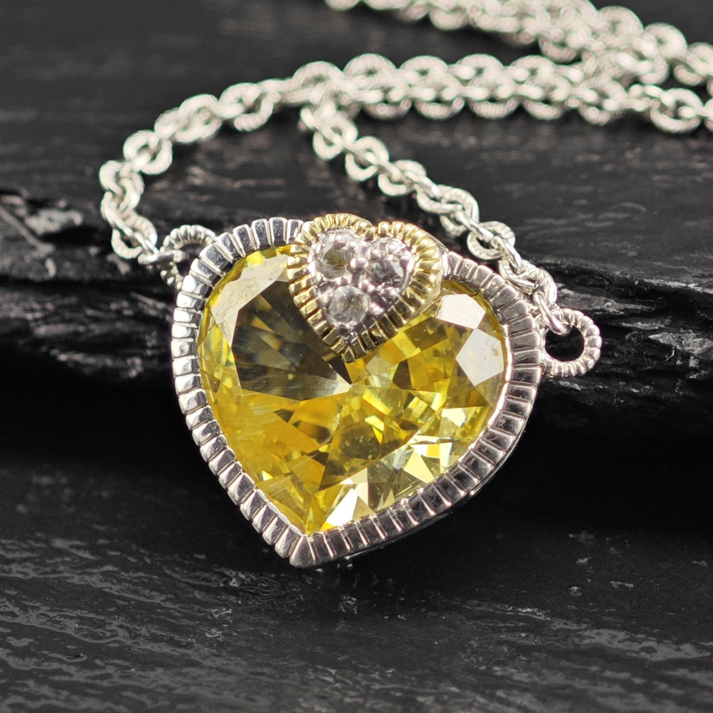 Vintage Judith Ripka Citrine, 18K Gold Accent Heart Necklace Sterling Silver N2733