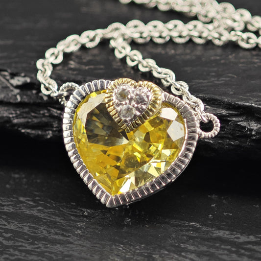 Vintage Judith Ripka Citrine, 18K Gold Accent Heart Necklace Sterling Silver N2733