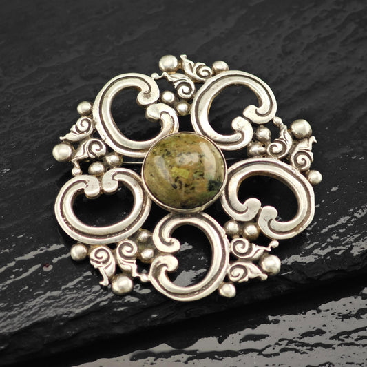 Taxco Multi-Color Serpentine Brooch in Sterling Silver Geometric Design
