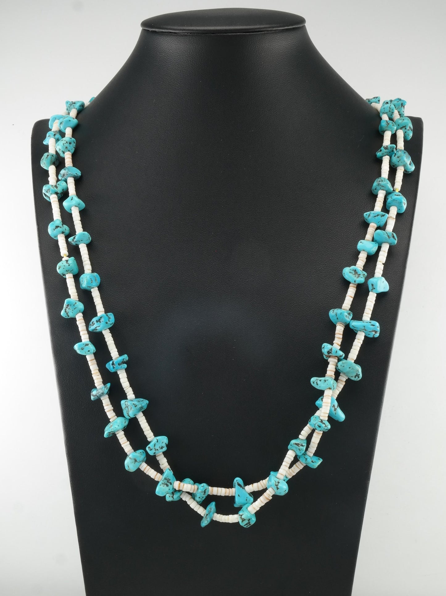 Sw Turquoise, Coral, Shell, Two Strand, Heishi Sterling Silver Bead Necklace N1626