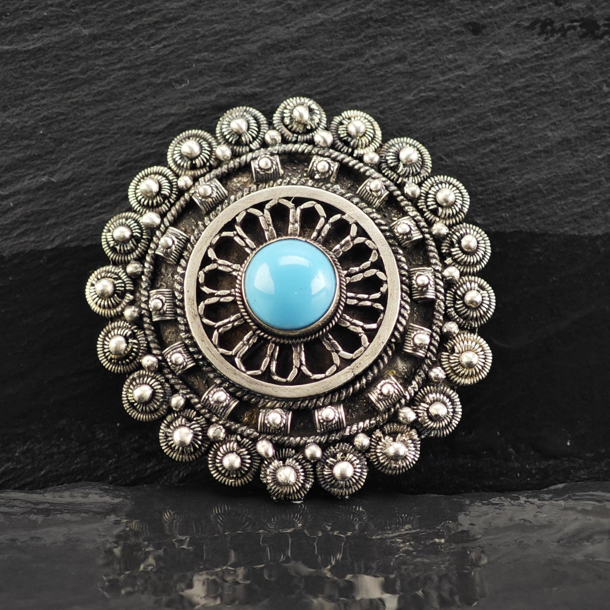 Block Turquoise Cabochon Sterling Silver Brooch/Pendant B2277