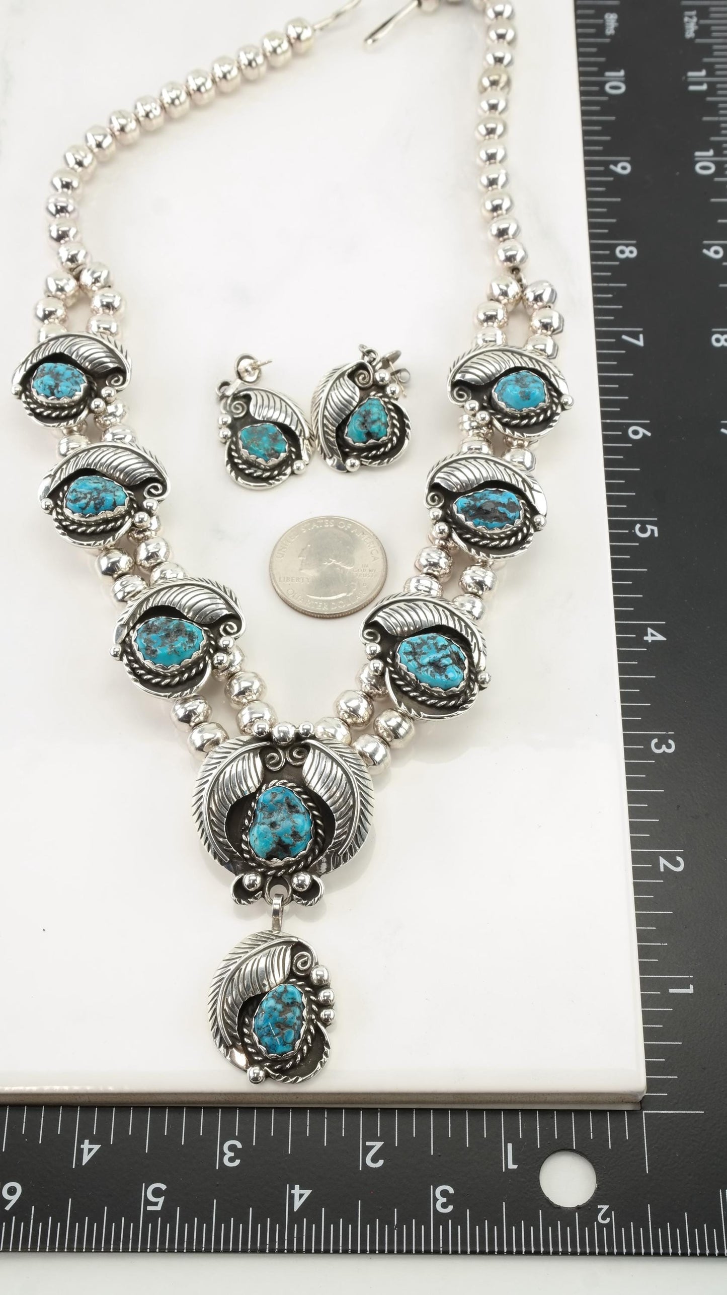 Turquoise Leaf Necklace & Earring Set, Sterling Silver, Native American, D. Secatero