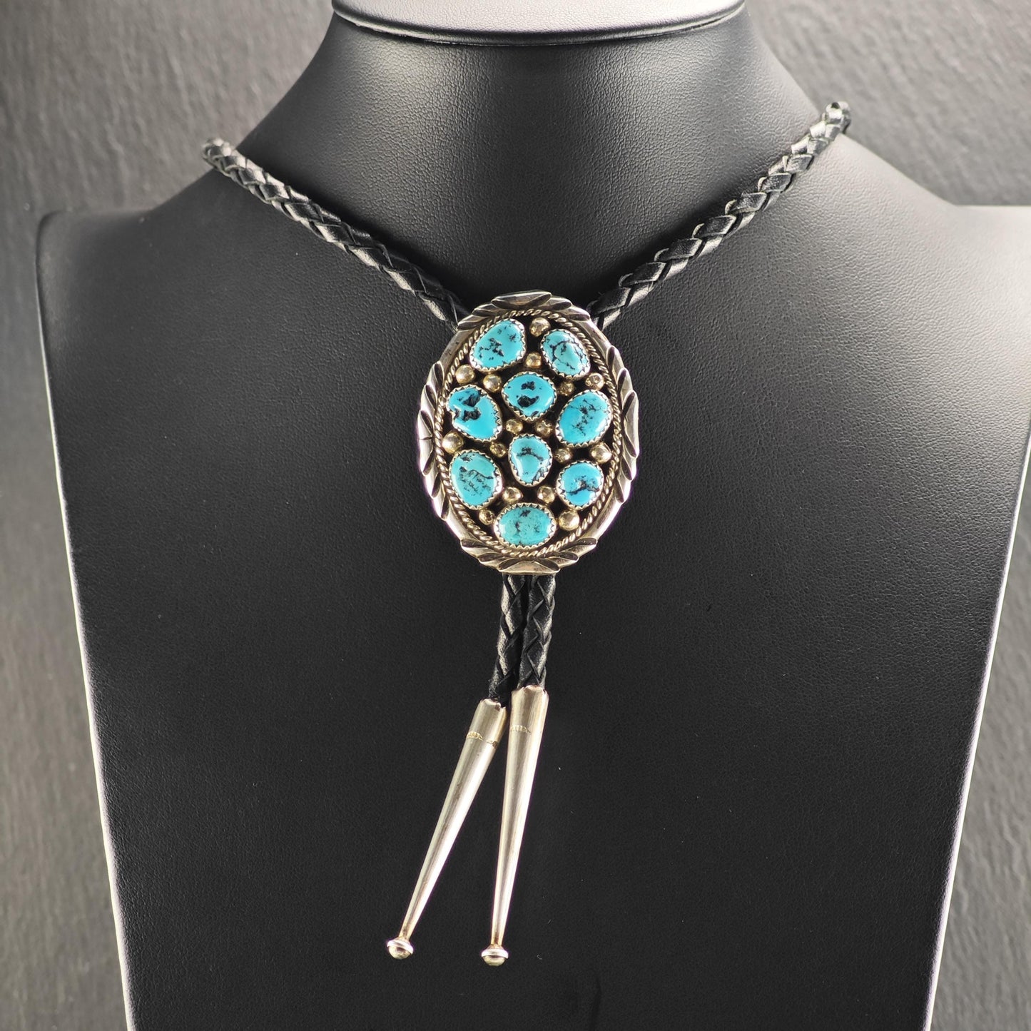 Vintage Native American Sterling Silver Sleeping Beauty Turquoise Cluster Bolo Tie Necklace N2746