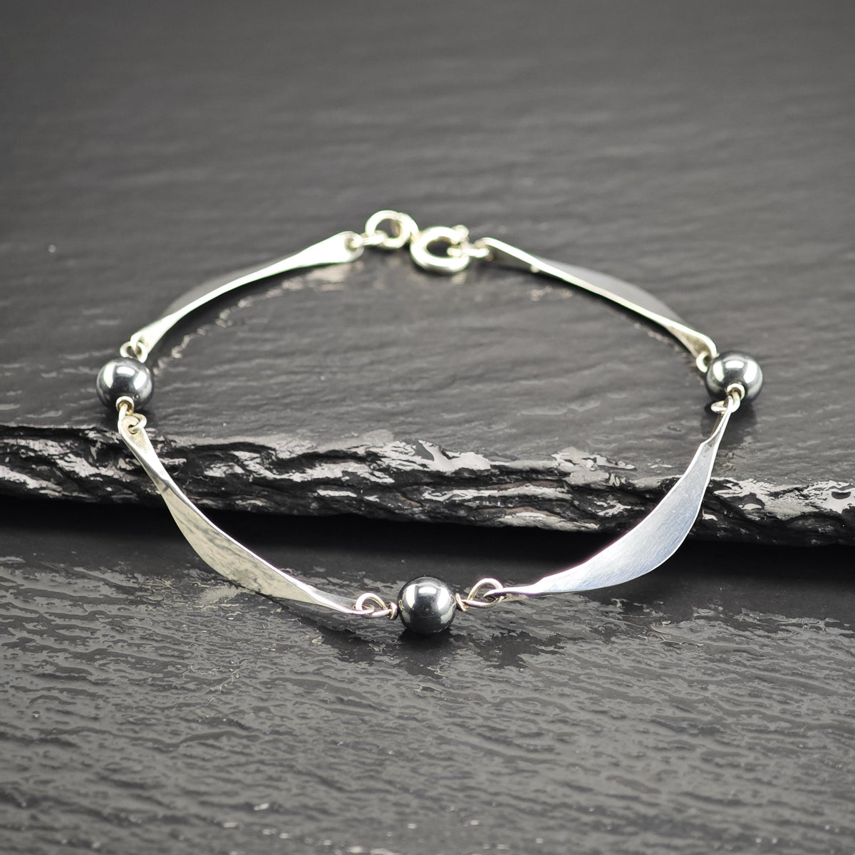 Dainty Modernist Hematite Sterling Silver Bracelet Sz 7" BR3160